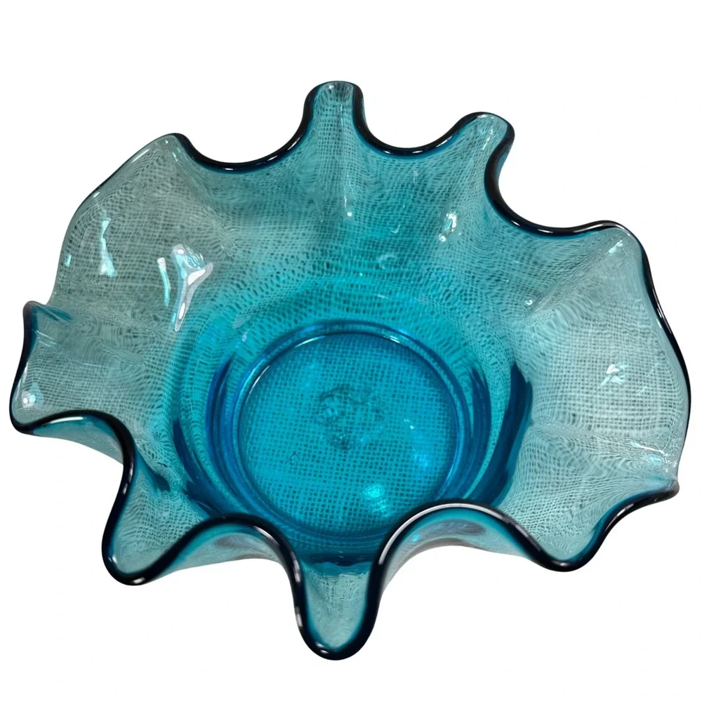 Bischoff Art Glass Ruffled Handkerchief Bowl Turquoise Blue Mid Century Modern